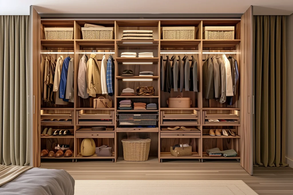 Dobrze zorganizowana szafa na wymiar z przegrodami i półkami na różne rodzaje ubrań